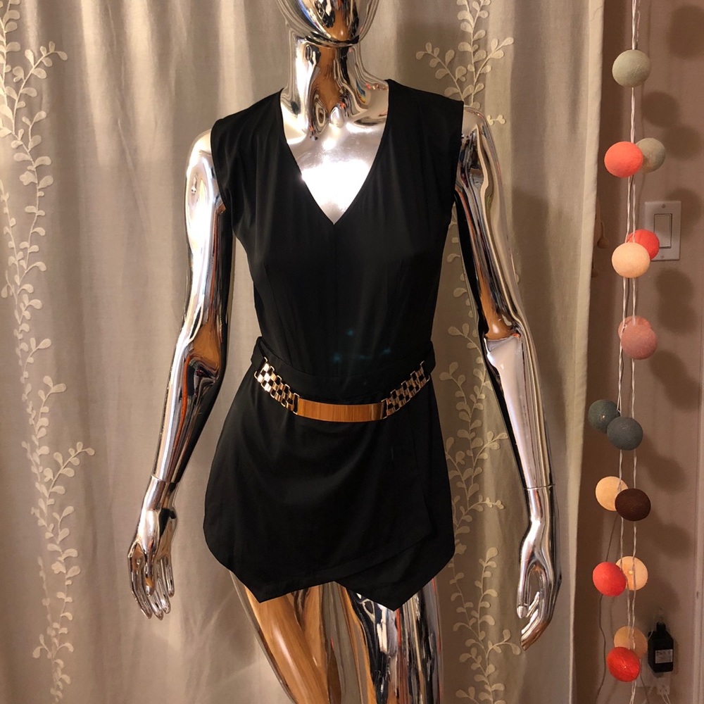 Black Asymmetrical Skort Romper Gold Chain Belt